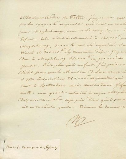 lettres de napoleon 1er Répartition des envois de poudre. Lettre signée Np., adressée...