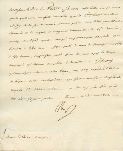 lettres de napoleon 1er Organisation de l'armée. Lettre signé Nap., adressée au Duc...