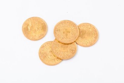 null Lot de 5 pièces de 20 Francs Suisses en or. P. 31,7g