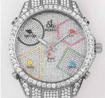 JACOB & CO FIVE TIME ZONES DIAMANT - Important bracelet montre chronographe en acier...