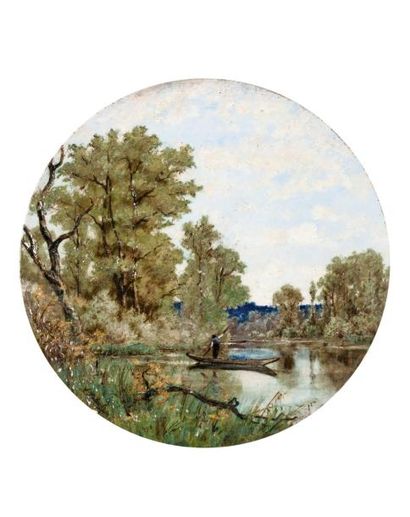 Adrien SCHULZ (1851-1931) Plaque en Porcelaine de Montigny-sur-Loing à décor de pêcheurs...
