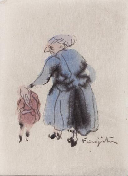 Tsugouharu FOUJITA (1886-1968) La grand-mère et sa petite-fille Plume, encre de Chine...