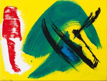 Gérard Ernest SCHNEIDER (1896-1986) Composition fond jaune Gouache sur papier, signee...