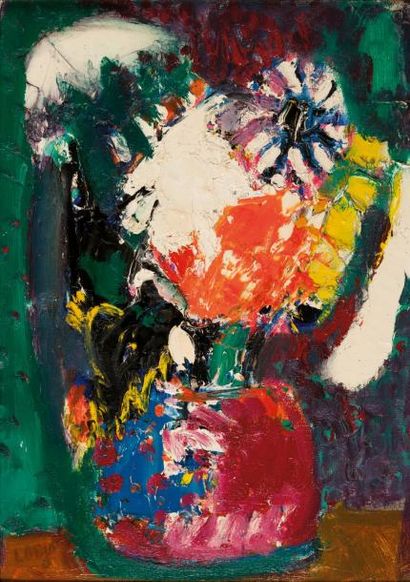 Bernard LORJOU (1908-1986) Fleurs au vase rouge, circa 1969 Acrylique et huile sur...