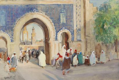 Gaston DUREL (1879- 1954) La porte bleue à fez Aquarelle, signée en bas à gauche....