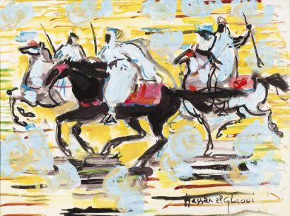 Hassan EL GLAOUI (né en 1924) Trois cavaliers sur fond jaune Gouache, signée en bas...