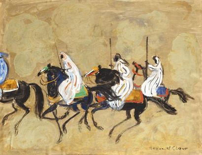 Hassan EL GLAOUI (né en 1924) Les cavaliers Technique mixte sur papier marouflé sur...