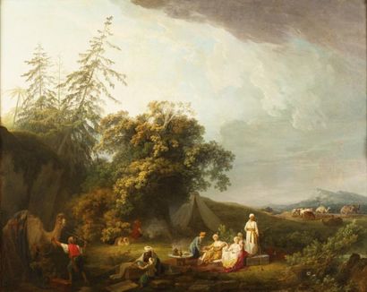 Jean-Baptiste HILAIR (1753-1822) La halte des princesses Orientales Huile sur toile....