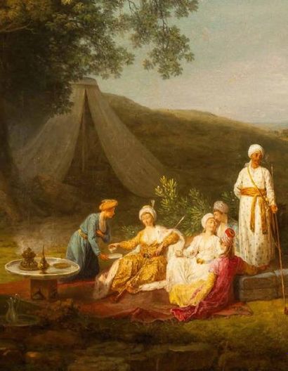 Jean-Baptiste HILAIR (1753-1822) La halte des princesses Orientales Huile sur toile....