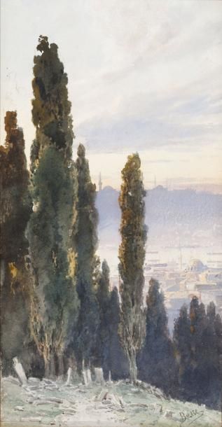 Michail VILLIE (1838-1910) Cimetière sur les hauteurs de Constantinople Aquarelle,...