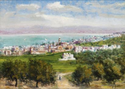 Pierre FREMONT (1886-1975) Vue d'Haïfa (Palestine) Huile sur carton épais 24 x 33,1...
