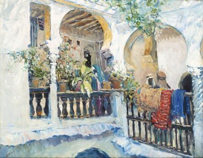 Edouard HERZIG (Ecole Suisse) (1860-1926) Pause café dans la casbah d'Alger Huile...