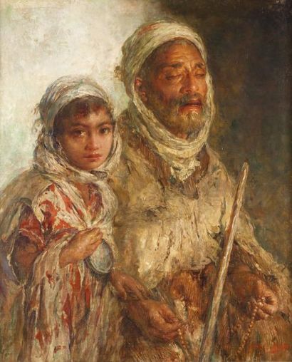 Edouard VERSCHAFFELT (1874-1955) Mendiant et enfant Huile sur toile, signée en bas...