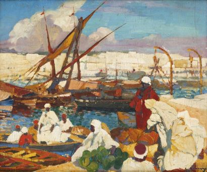 Léon CAUVY (1874-1933) Marché sur le Port d'Alger Huile sur toile, signée en bas...