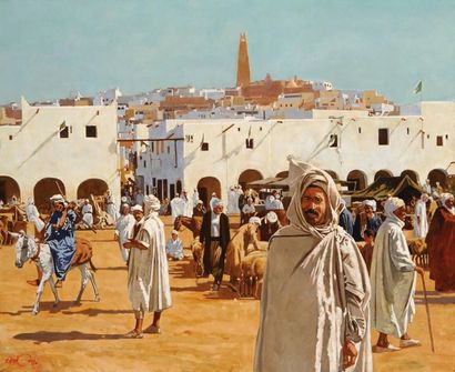 Jean-François ARRIGONI-NERI (Né en 1937) Le marché de Ghardaïa Huile sur toile, signée...