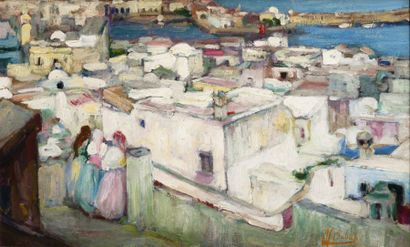 Alfred DABAT (1869-1935) Femmes d'Alger sur la terrasse (Casbah) Huile sur panneau,...