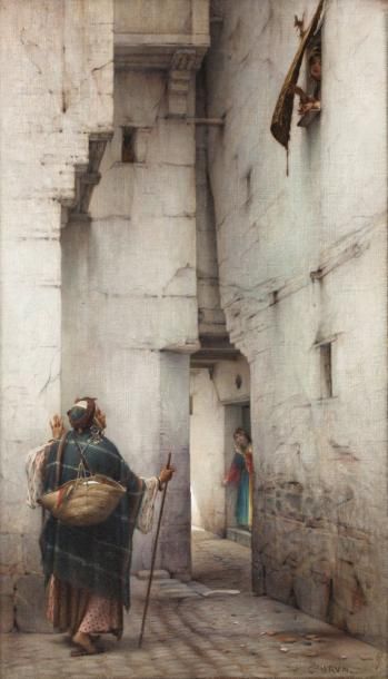 Charles BRUN (1825-1908) Conversation dans une rue de Constantine. Huile sur toile,...