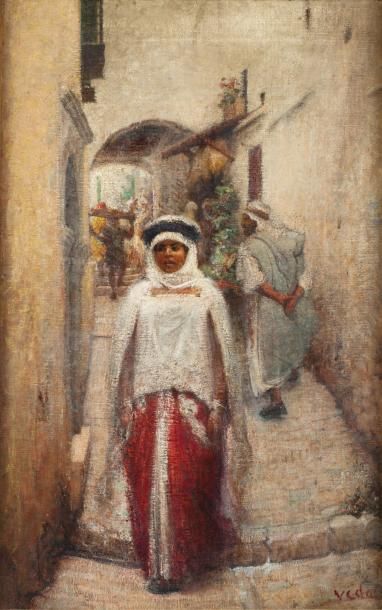 Eugène VIDAL (1850-1908) Femmes dans la Kasbah Huile sur toile, signée en bas à droite....