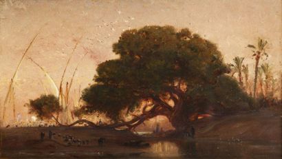 Edouard Auguste IMER (1820-1881) Les grands sycomores, felouque, bord du Nil au crépuscule...