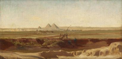 Edouard Auguste IMER (1820-1881) Les pyramides Huile sur papier marouflé sur toile,...