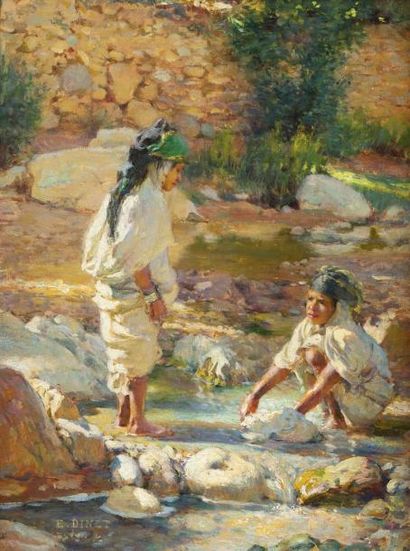 Étienne DINET (1861-1929) Deux jeune filles à l'oued de Bou Saada Huile sur panneau,...