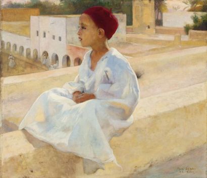 Paul Alexandre LEROY (1860 - 1942) Jeune garçon sur la terrasse Huile sur toile,...