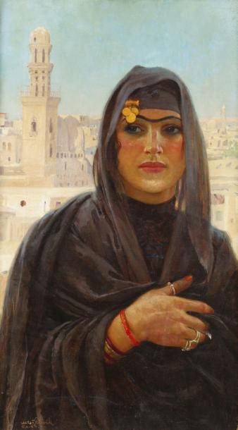 Milos SLOVAK (1885-1951) Jeune femme sur les terrasses du Caire Huile sur toile,...