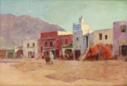 Eugène Delahogue (1867-1934) Village aux environs de Tetouan Huile sur toile, non...