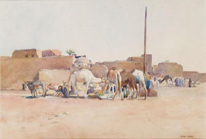 Paul Alexandre A. LEROY (1860 - 1942) La halte des chameaux Aquarelle, signée en...