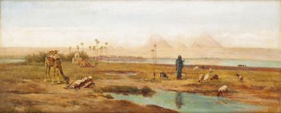 Frederick GOODALL (1822-1904) Le troupeau au pied des pyramides, 1884 Huile sur toile,...