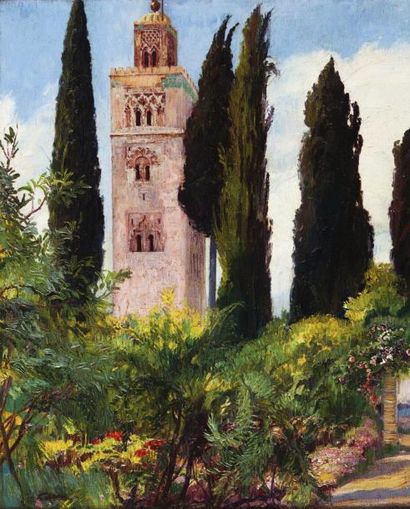 Adolphe COSSARD (1880-1952) Les jardins de la Koutoubia Huile sur toile, signée en...