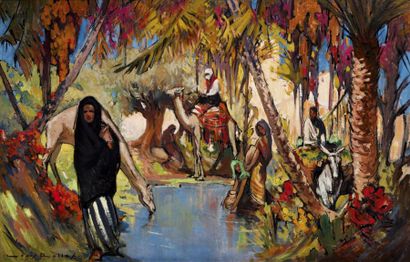 Louis ROLLET (1895 - 1988) L'oasis (sud-algérien) Huile sur isorel Signée en bas...