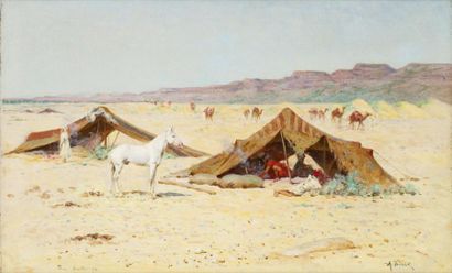 Alphonse BIRCK (1859-1942) Le poulain au campement, Bou Saada, 1892 Huile sur toile,...