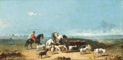 Henri LUCIEN-ROBERT (1868-) Cavaliers au troupeau Huile sur panneau, signée en bas...