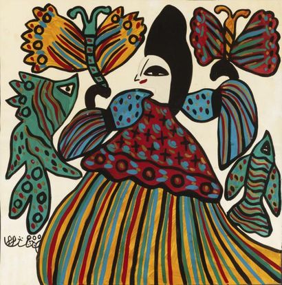 MAHIEDDINE BAYA (1931-1998) Femme au papillon Gouache, signée en bas à gauche et...