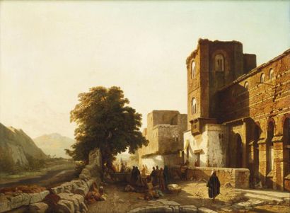 François Antoine BOSSUET (1798-1889) La halte auprès des ruines Huile sur toile,...
