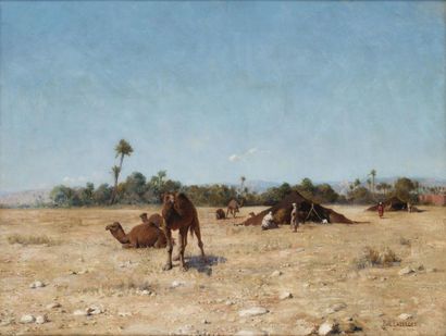 Paul LAZERGES (1845-1902) Le camp nomade, Biskra, 1890 Huile sur toile, signée, située...