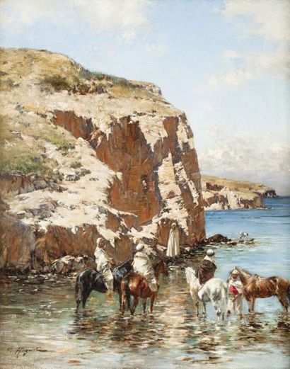Victor HUGUET (1835-1902) Cavaliers au bord de mer Huile sur panneau, signée en bas...