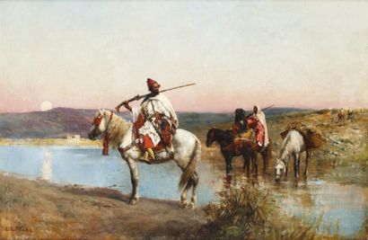 Edwin Lord WEEKS (1849-1903) Cavalier traversant l'oued au crépuscule Huile sur toile,...