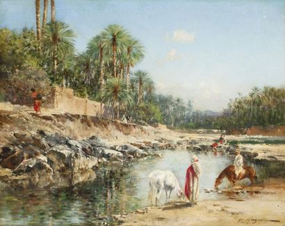 Victor HUGUET (1835-1902) Cavaliers à l'oasis Huile sur panneau, signée en bas à...