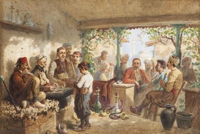 Carl GOEBEL (1824-1899) Musiciens au café turc Gouache aquarellée sur carton signée...