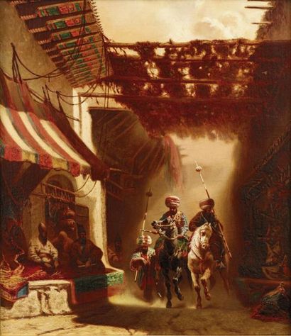 Alberto PASINI (1826-1899) Cavaliers dans les souks Huile sur toile, signée et datée...