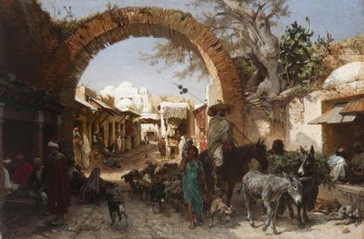 Aloïs SCHONN (1826-1897) Scène de marché devant Sidi Mahrez, 1882 Huile sur toile,...