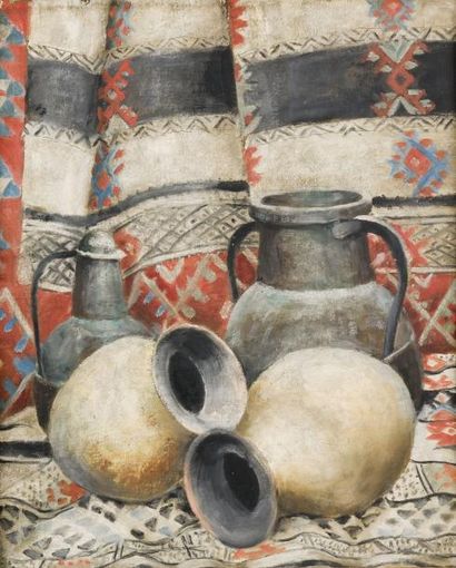 Alexandre ROUBTZOFF (1884-1949) Vases, cuivres et tapis de nomades Huile sur carton,...