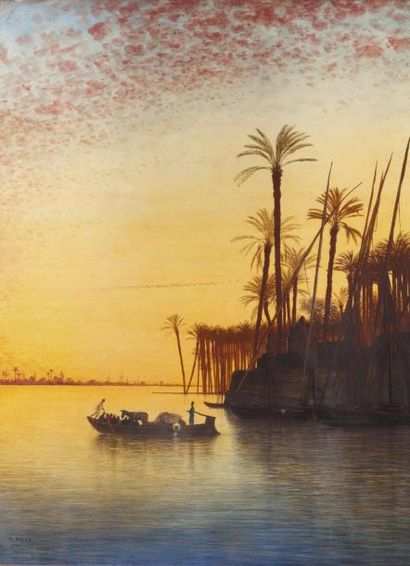 Théodore FRERE (1814-1888) Crépuscule sur le Nil à Siot, Haute-Egypte Aquarelle,...