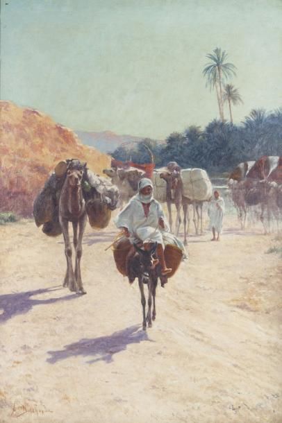 Alexis DELAHOGUE (1867-1953) La caravane Huile sur toile, signée en bas à gauche....