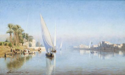 CORDEINER (XIXème siècle) Felouques sur le Nil Huile sur toile, signée en bas à gauche...