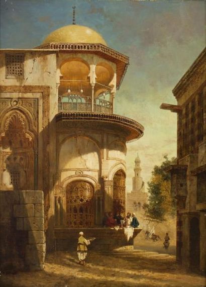 Adrien DAUZATS (1804-1868) Scène de rue, près de la Mosquée du Sultan Hassan au Caire...