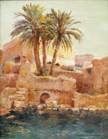 Eugène Delahogue (1867-1934) Vue de l'oasis à Gafsa, Sud Tunisie Huile sur toile...
