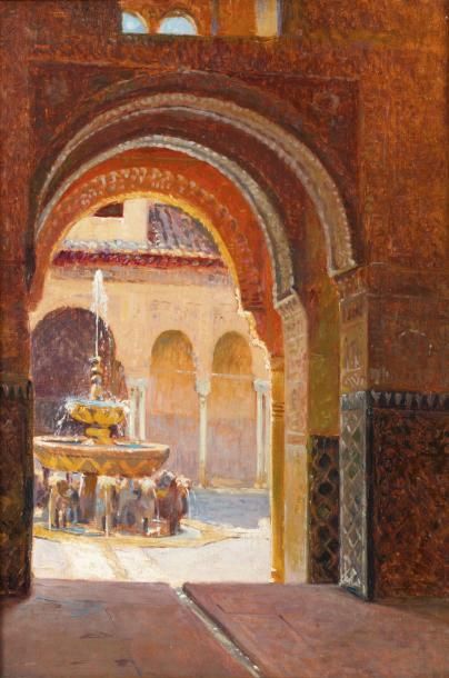 Eugène Delahogue (1867-1934) Fontaine des Lyons Alhambra, Grenade Huile sur toile,...